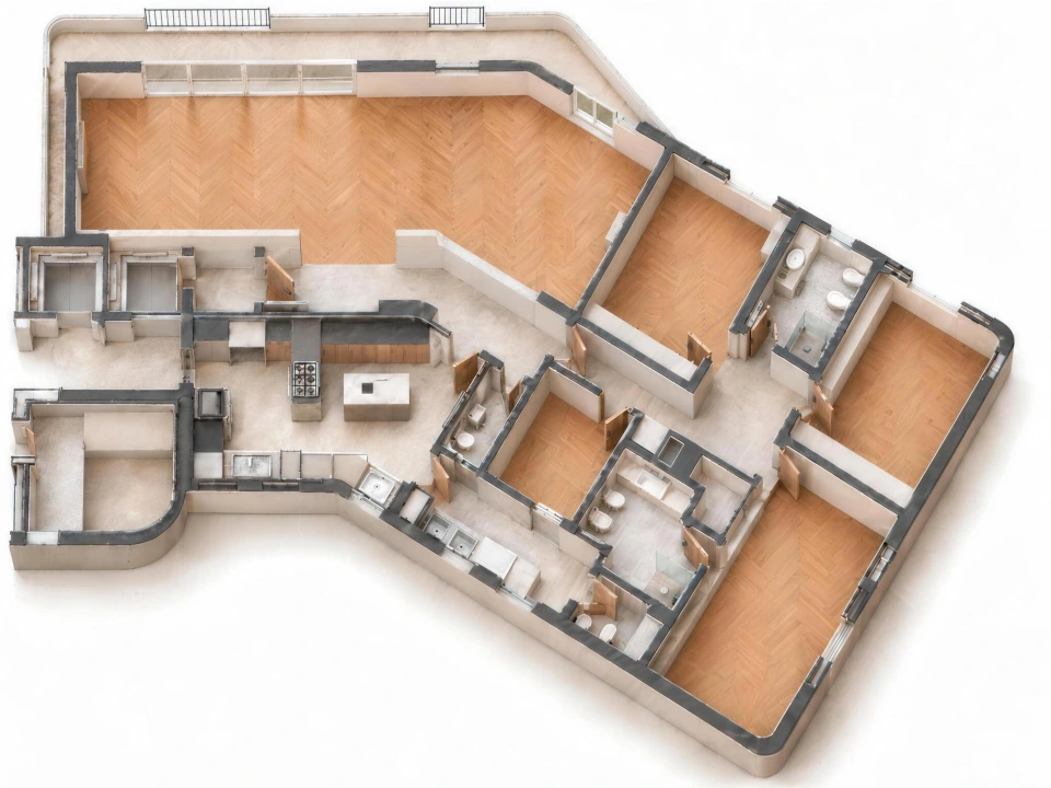 Unfurnished 3D interpretation of the apartment layout