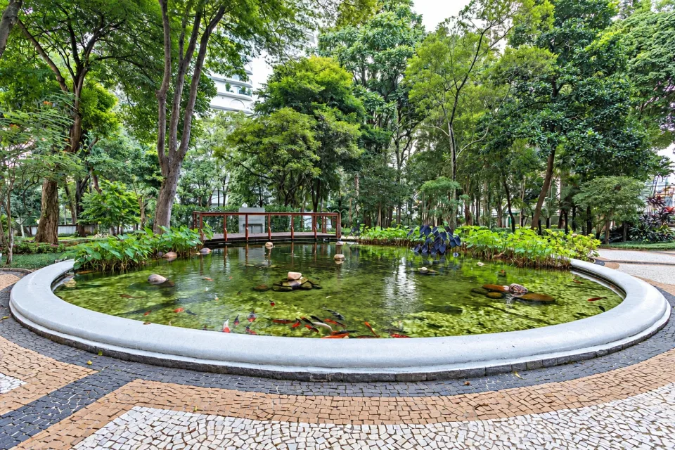 Pond and trees in the condominium’s private park